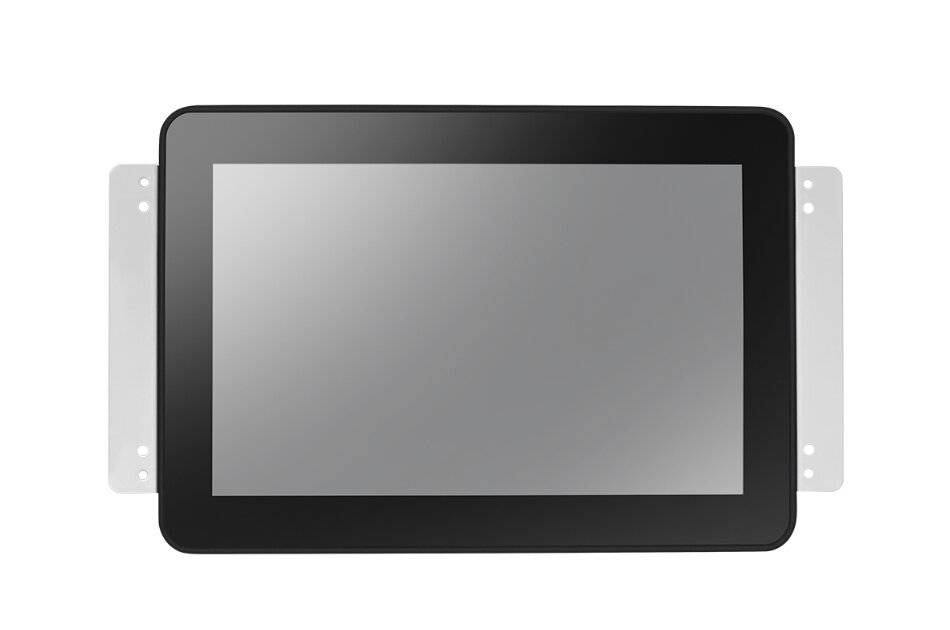 Schwarzes rechteckiges Touchscreen-Display oder Tablet mit Metallmontageklammern auf beiden Seiten, shown Vorderansicht auf weißem Hintergrund.