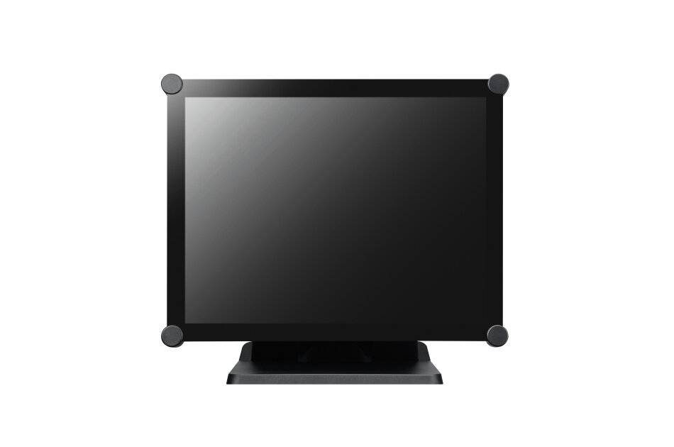 Ein leerer schwarzer Computermonitor oder Fernsehbildschirm auf einem Ständer, frontal vor weißem Hintergrund gezeigt.