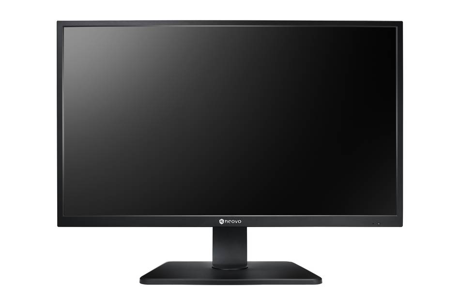 Schwarzer Lenovo-Computermonitor auf einem Ständer, vor einem einfachen weißen Hintergrund dargestellt.