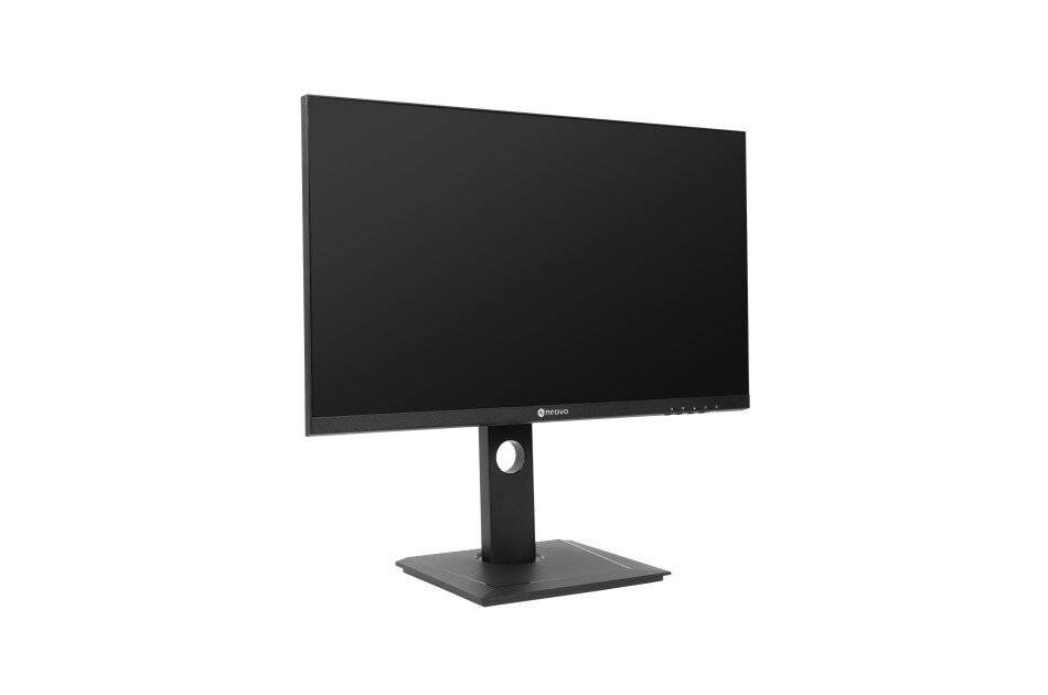 Schwarzer Desktop-Monitor auf einem Ständer, Vorderansicht vor weißem Hintergrund.