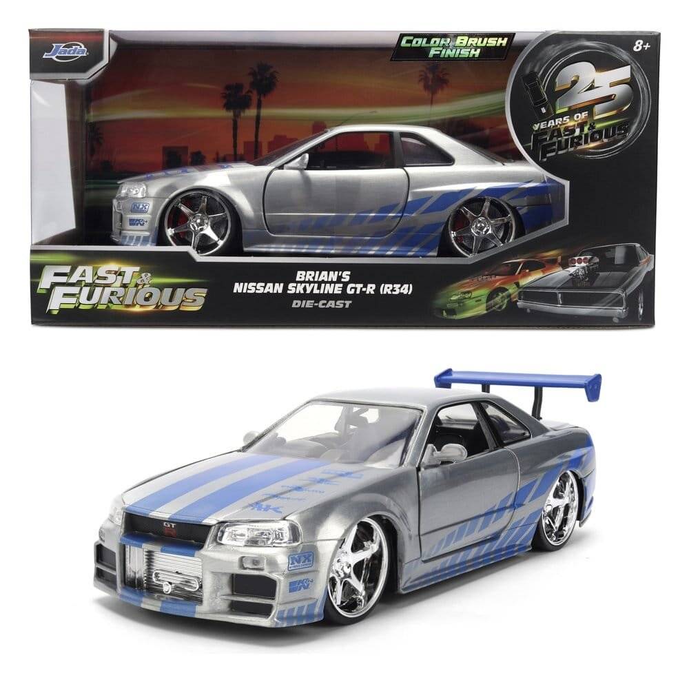 Fast & Furious Brian's Nissan Skyline GT-R (R34) Druckguss-Spielzeugauto in Silber mit blauen Rennstreifen, gezeigt mit seiner Verpackung.