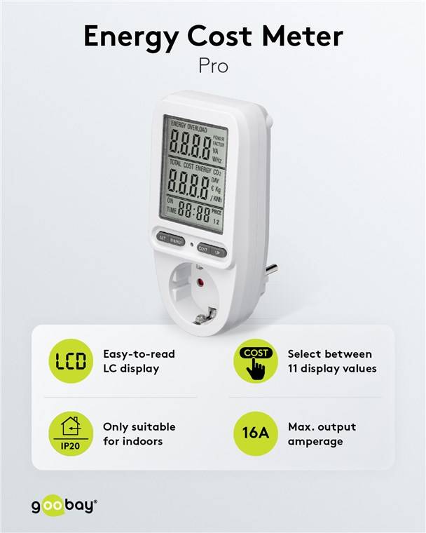 Goobay 64590 Digitales Energiekostenmessgerät Pro, weiß-Grau - zur Messung des Stromverbrauchs von elektrischen Haushaltsgeräten