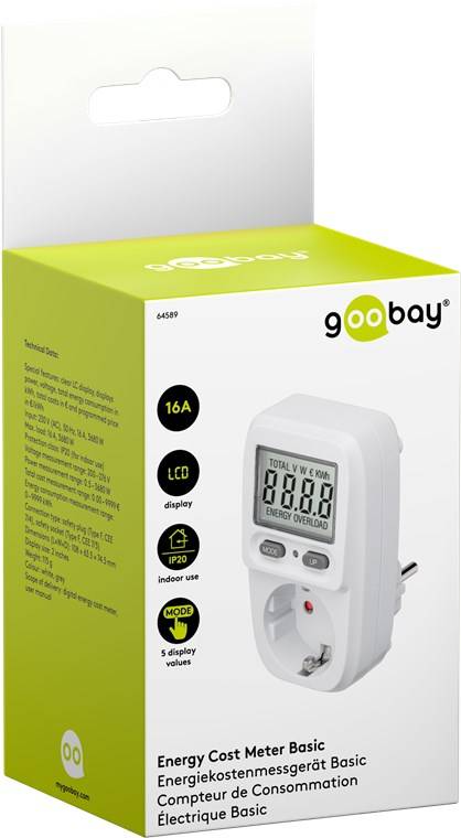 Goobay 64589 Digitales Energiekostenmessgerät Basic, weiß-Grau - zur Messung des Stromverbrauchs von elektrischen Haushaltsgeräten