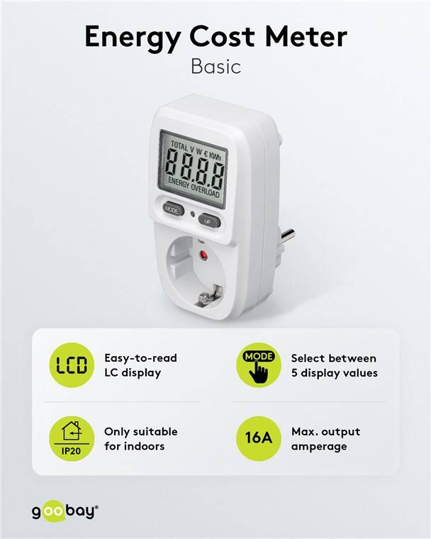 Goobay 64589 Digitales Energiekostenmessgerät Basic, weiß-Grau - zur Messung des Stromverbrauchs von elektrischen Haushaltsgeräten