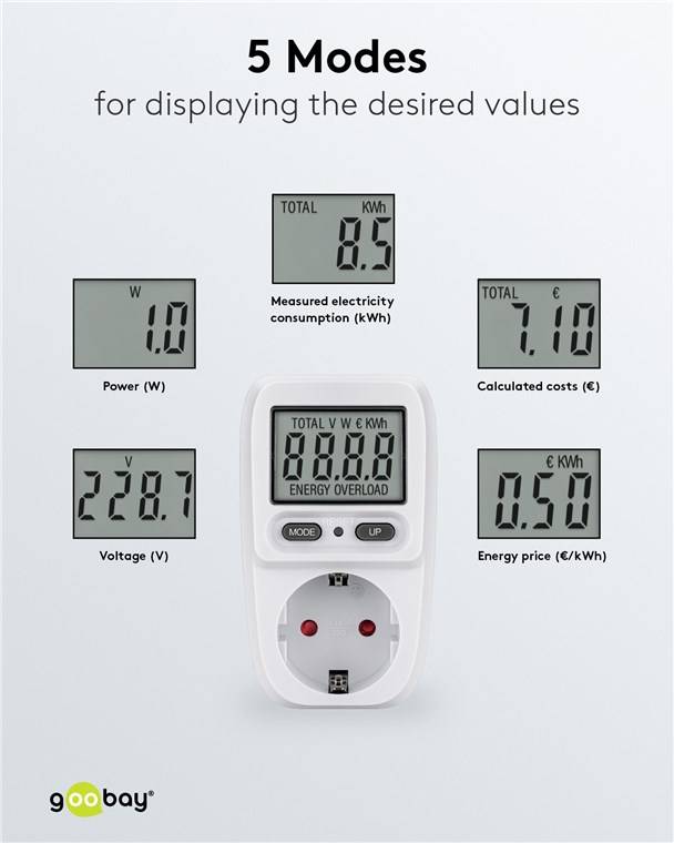30x Goobay 64589 Digitales Energiekostenmessgerät Basic, weiß-Grau - zur Messung des Stromverbrauchs von elektrischen Haushaltsgeräten