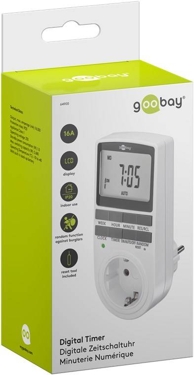 Goobay 64900 Digitale Zeitschaltuhr, weiß - programmierbare Zeitschaltuhr mit Schutzkontaktanschluss (Typ F)