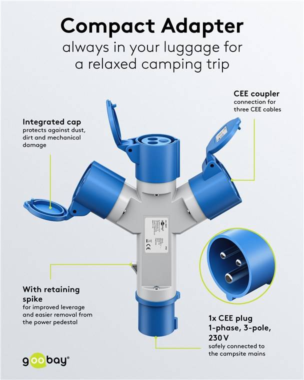 Goobay 76237 CEE-Y-Adapter, CEE-Stecker auf 3x CEE-Kupplung - Camping-Adapter für Außenbereiche, 16 A / 230 V