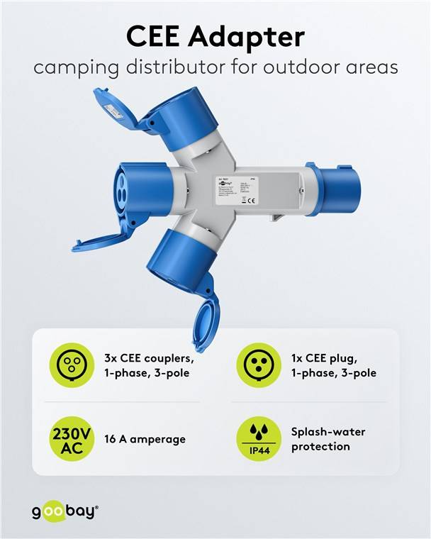 Goobay 76237 CEE-Y-Adapter, CEE-Stecker auf 3x CEE-Kupplung - Camping-Adapter für Außenbereiche, 16 A / 230 V