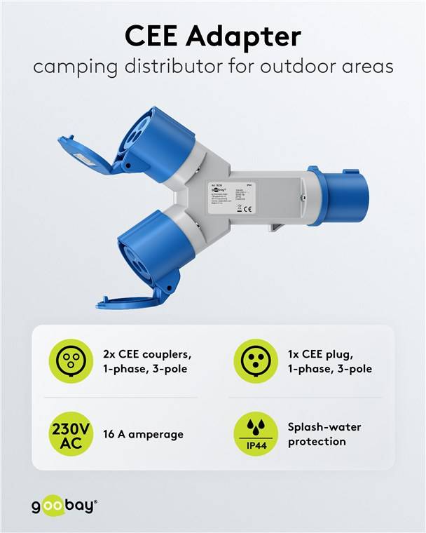 Goobay 76236 CEE-Y-Adapter, CEE-Stecker auf 2x CEE-Kupplung - Camping-Adapter für Außenbereiche, 16 A / 230 V