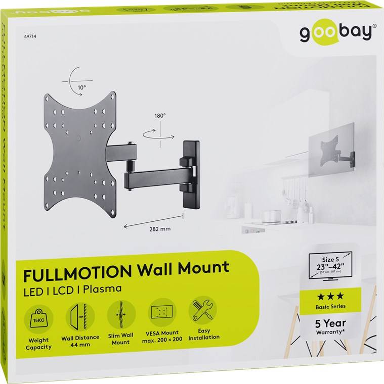 Goobay 49714 Basic TV-Wandhalterung Basic FULLMOTION (S), Schwarz - Halterung für Fernseher von 23 bis 42 Zoll (58-107cm), vollbewegliches