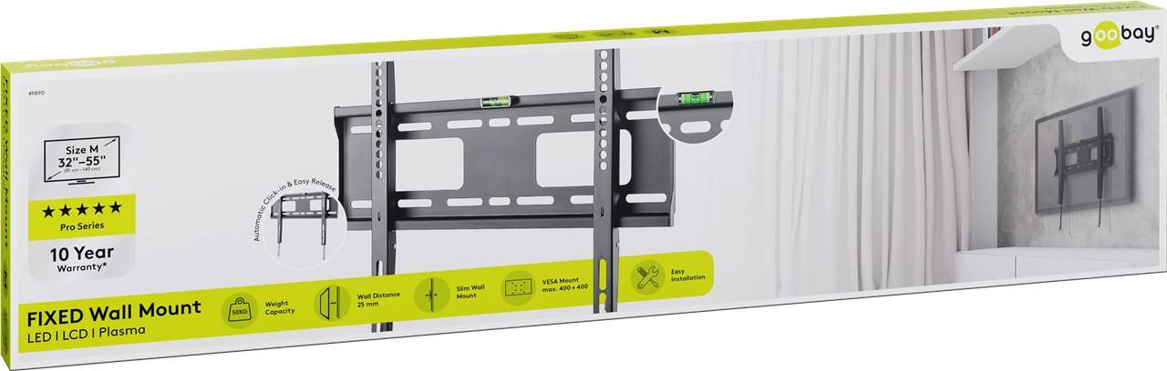 12x Goobay 49890 Pro TV-Wandhalterung Pro FIXED (M), Schwarz - Halterung für Fernseher von 32 bis 55 Zoll (81-140 cm) bis 50 kg
