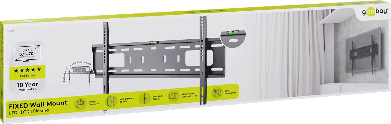 Goobay 49891 Pro TV-Wandhalterung Pro FIXED (L), Schwarz - Halterung für Fernseher von 37 bis 70 Zoll (94-178 cm) bis 50 kg