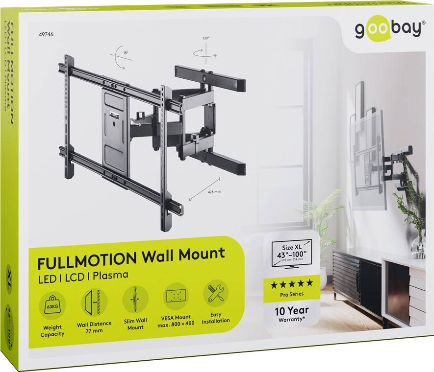 2x Goobay 49746 Pro TV-Wandhalterung Pro FULLMOTION (XL), Schwarz - Halterung für Fernseher von 43 bis 100 Zoll (109-254 cm), vollbeweglich