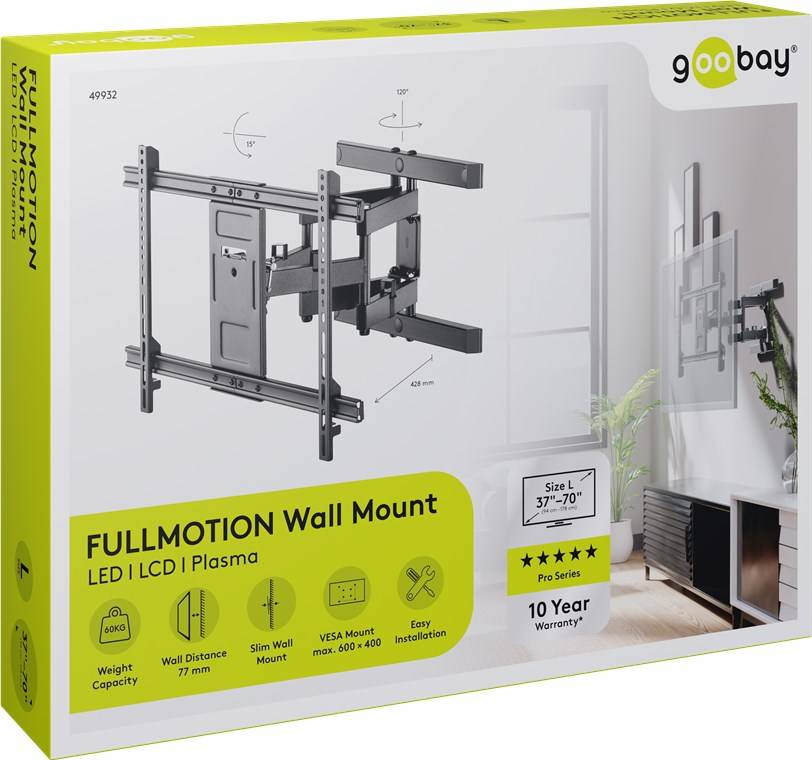 Goobay 49932 Pro TV-Wandhalterung Pro FULLMOTION (L), Schwarz - Halterung für Fernseher von 37 bis 70 Zoll (94-178 cm), vollbeweglich (schwenkbar