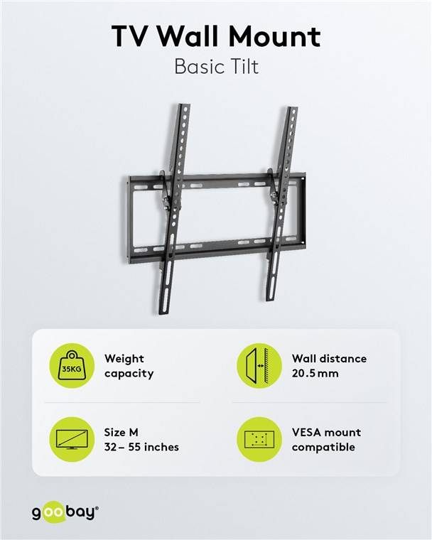 Goobay 49731 Basic TV-Wandhalterung Basic TILT (M), Schwarz - Halterung für Fernseher von 32 bis 55 Zoll (81-140 cm), neigbar bis 35 kg