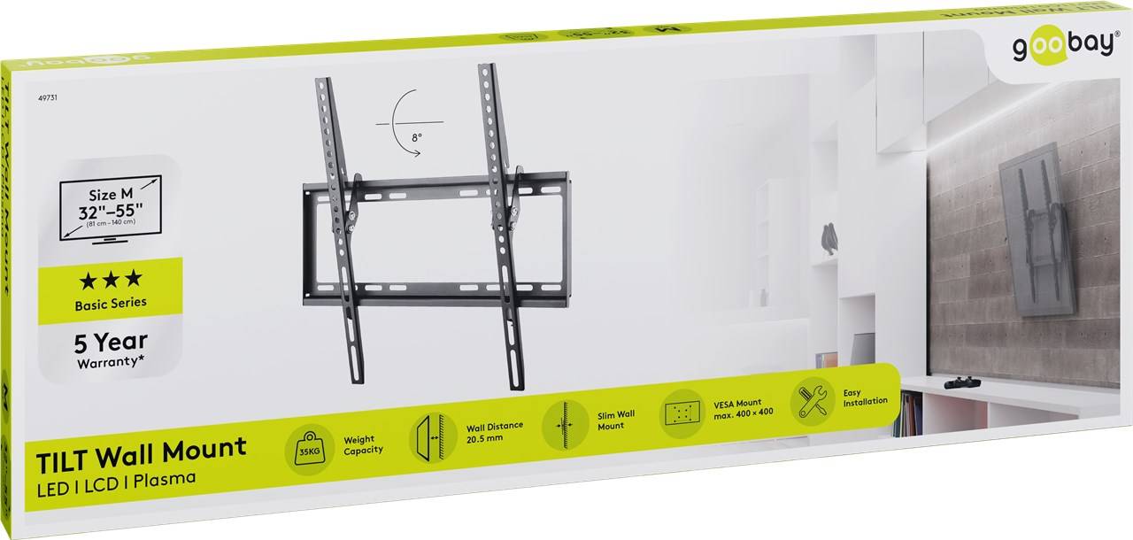 Goobay 49731 Basic TV-Wandhalterung Basic TILT (M), Schwarz - Halterung für Fernseher von 32 bis 55 Zoll (81-140 cm), neigbar bis 35 kg