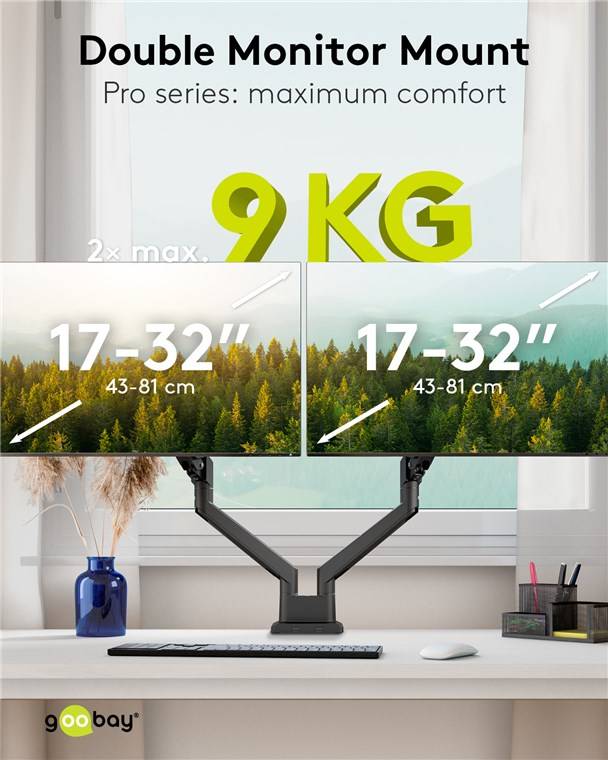 Goobay 70814 Pro Doppel-Monitorhalterung mit Gasdruckfeder, schwarz - für Monitore von 17 bis 32 Zoll (43 - 81 cm), max. 9 kg pro Monitor, einfache