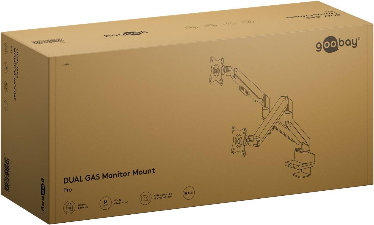 Goobay 70814 Pro Doppel-Monitorhalterung mit Gasdruckfeder, schwarz - für Monitore von 17 bis 32 Zoll (43 - 81 cm), max. 9 kg pro Monitor, einfache