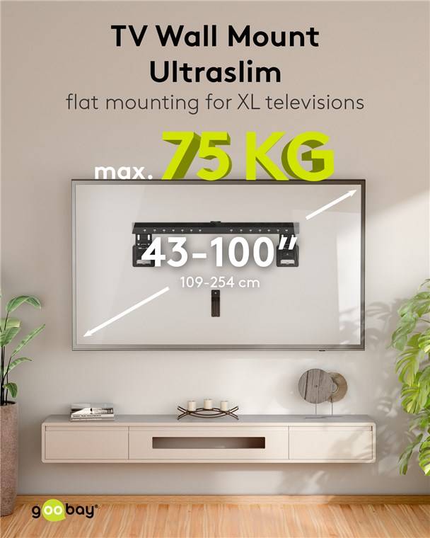 10x Goobay 70822 Basic Ultraslim TV-Wandhalterung Basic FIXED (XL), schwarz - Halterung für Fernseher von 43 bis 100 Zoll (109 – 254 cm), max. 75