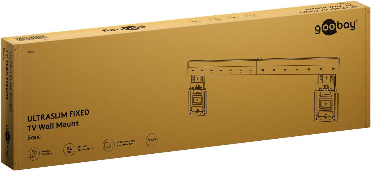 Goobay 70822 Basic Ultraslim TV-Wandhalterung Basic FIXED (XL), schwarz - Halterung für Fernseher von 43 bis 100 Zoll (109 – 254 cm), max. 75 kg,