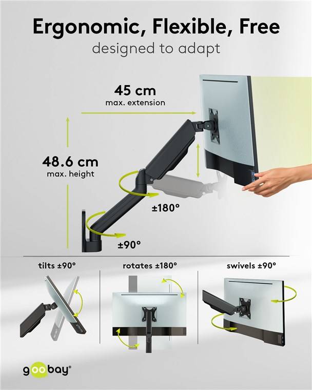 8x Goobay 70820 Basic Single-Monitor-Wandhalterung mit mechanischer Feder, schwarz - für Monitore von 17 bis 32 Zoll (43 - 81 cm), max. 9 kg, zur