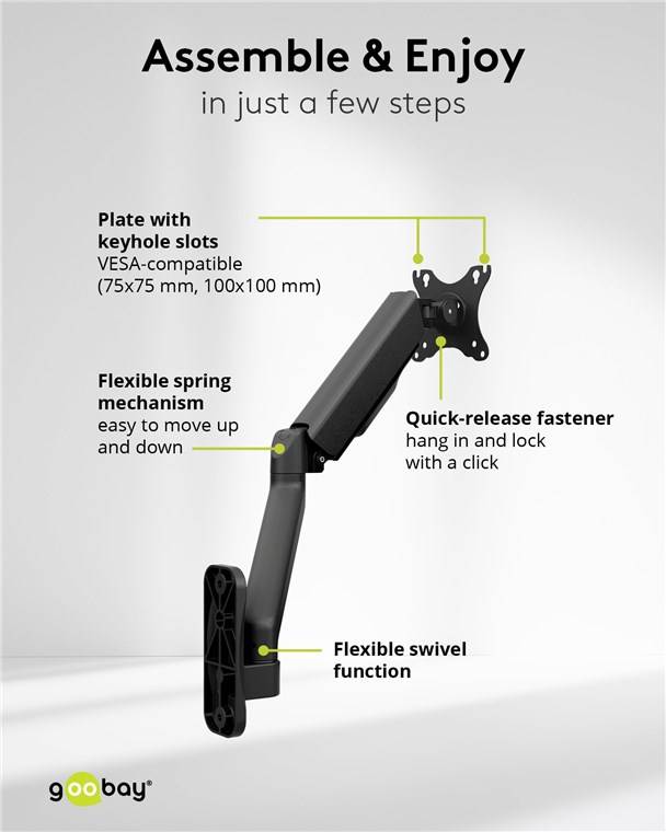 8x Goobay 70820 Basic Single-Monitor-Wandhalterung mit mechanischer Feder, schwarz - für Monitore von 17 bis 32 Zoll (43 - 81 cm), max. 9 kg, zur