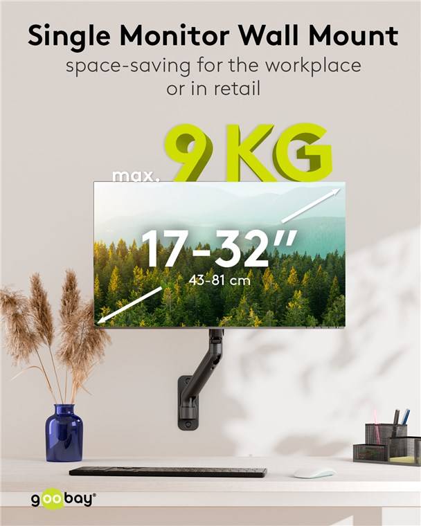 8x Goobay 70820 Basic Single-Monitor-Wandhalterung mit mechanischer Feder, schwarz - für Monitore von 17 bis 32 Zoll (43 - 81 cm), max. 9 kg, zur