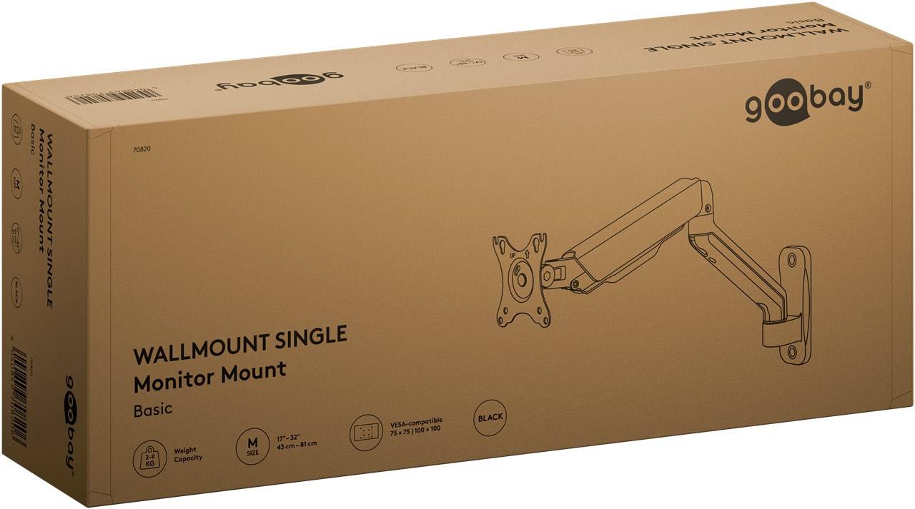 8x Goobay 70820 Basic Single-Monitor-Wandhalterung mit mechanischer Feder, schwarz - für Monitore von 17 bis 32 Zoll (43 - 81 cm), max. 9 kg, zur