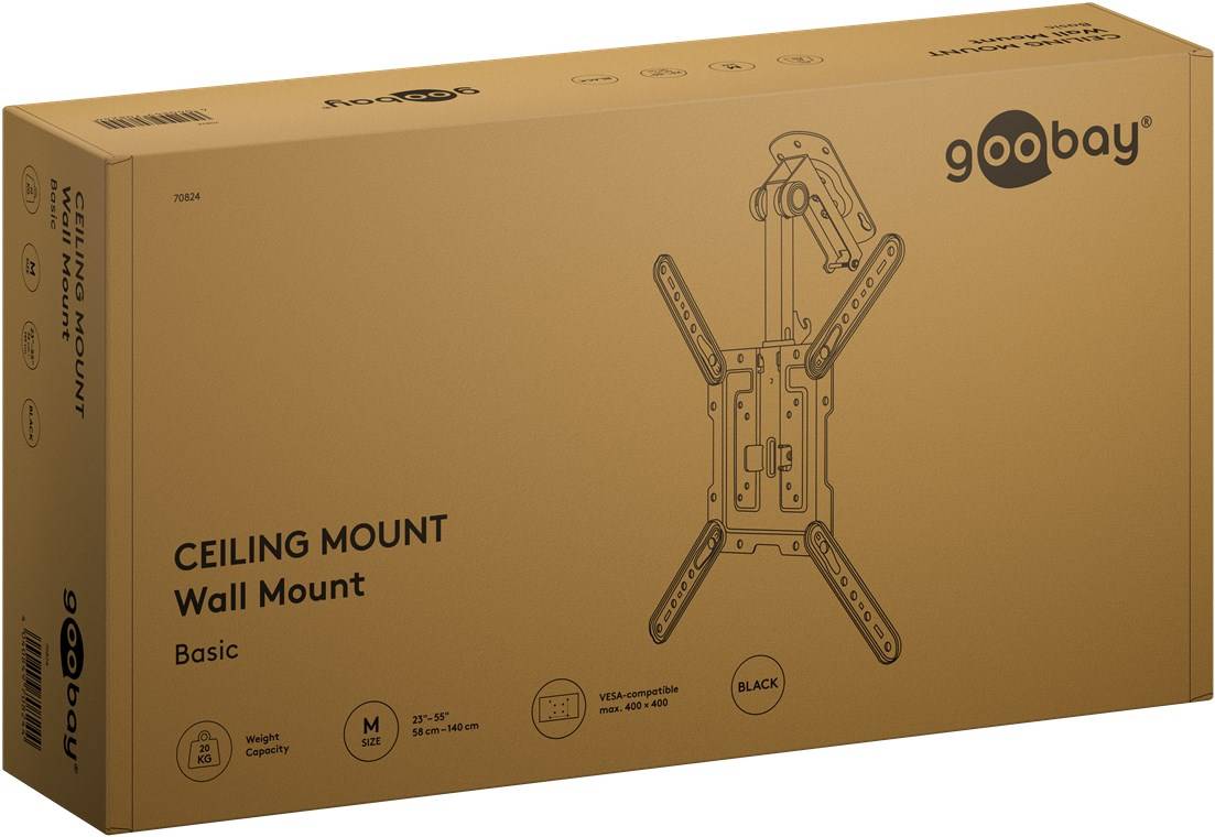8x Goobay 70824 Basic TV-Deckenhalterung Basic (M), schwarz - Halterung für Fernseher von 23 bis 55 Zoll (58 – 140 cm), max. 20 kg, seitlich schwen