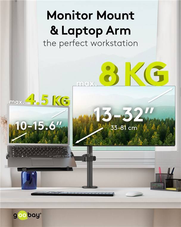 Goobay 70815 Basic Monitorhalterung mit Laptop-Arm Flex, schwarz - Workstation für Monitore von 13 bis 32 Zoll (33 - 81 cm) plus einen Laptop