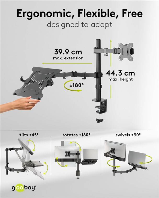 Goobay 70815 Basic Monitorhalterung mit Laptop-Arm Flex, schwarz - Workstation für Monitore von 13 bis 32 Zoll (33 - 81 cm) plus einen Laptop