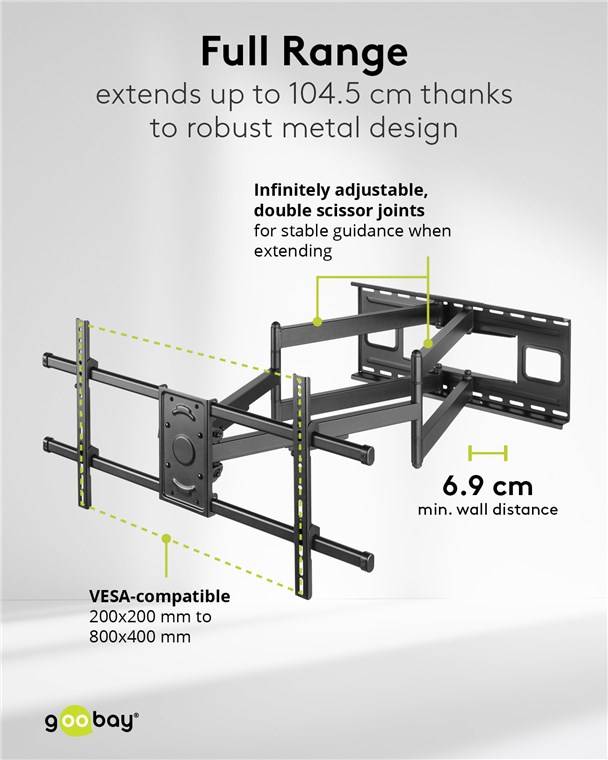 1x Goobay 71197 Pro Wide Range TV-Wandhalterung Pro FULLMOTION (XL), schwarz - Halterung für Fernseher von 43 bis 90 Zoll (109 – 229 cm), max. 80
