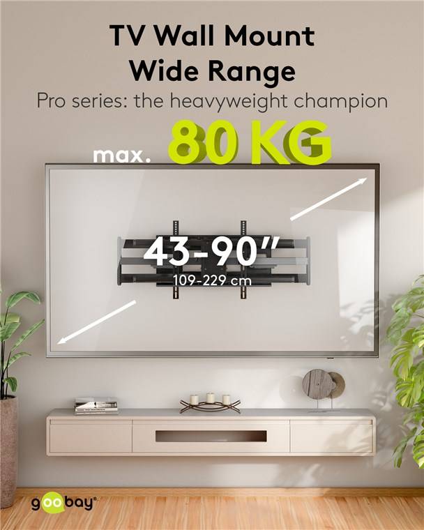 1x Goobay 71197 Pro Wide Range TV-Wandhalterung Pro FULLMOTION (XL), schwarz - Halterung für Fernseher von 43 bis 90 Zoll (109 – 229 cm), max. 80