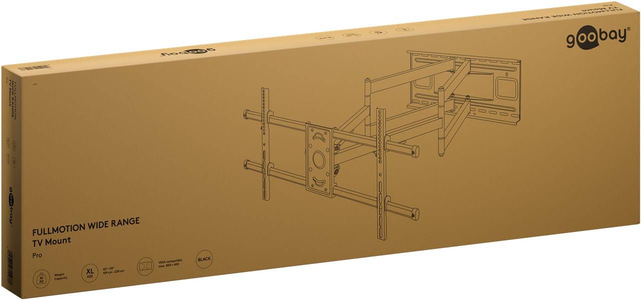 Goobay 71197 Pro Wide Range TV-Wandhalterung Pro FULLMOTION (XL), schwarz - Halterung für Fernseher von 43 bis 90 Zoll (109 – 229 cm), max. 80 kg