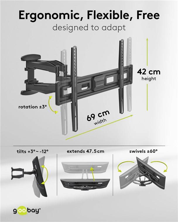 4x Goobay 71199 Basic TV-Wandhalterung Basic FULLMOTION (L), schwarz - Halterung für Fernseher von 37 bis 80 Zoll (94 – 203 cm), max. 45 kg, vollbe