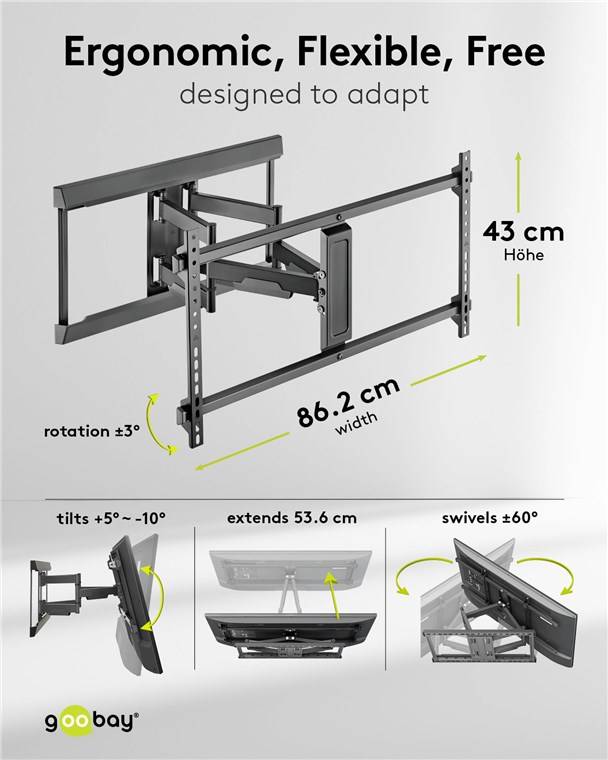 Goobay 71216 Pro TV-Wandhalterung Pro FULLMOTION (XL), schwarz - Halterung für Fernseher von 43 bis 90 Zoll (109 – 229 cm), max. 60 kg, voll bewegl