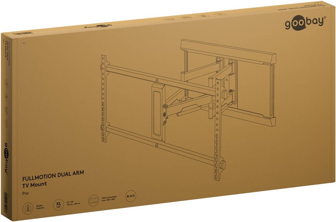 2x Goobay 71216 Pro TV-Wandhalterung Pro FULLMOTION (XL), schwarz - Halterung für Fernseher von 43 bis 90 Zoll (109 – 229 cm), max. 60 kg, voll bew