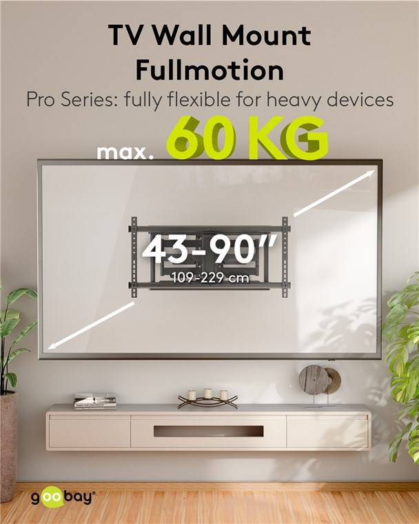 Goobay 71216 Pro TV-Wandhalterung Pro FULLMOTION (XL), schwarz - Halterung für Fernseher von 43 bis 90 Zoll (109 – 229 cm), max. 60 kg, voll bewegl
