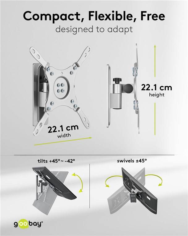 Goobay 71987 Basic TV-Wandhalterung Caravan TILT (M), silber - Halterung für Fernseher von 13 bis 43 Zoll (33 – 109 cm), max. 15 kg, vollbeweglich:
