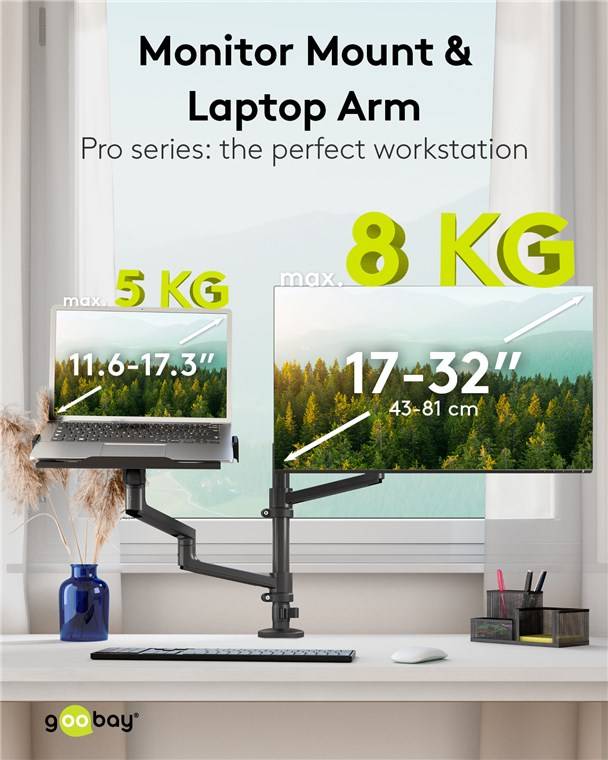 3x Goobay 74417 Basic Deluxe Monitorhalterung mit Laptop-Arm, schwarz - Workstation für Monitore von 17 bis 32 Zoll (43 - 81 cm), Monitor max.