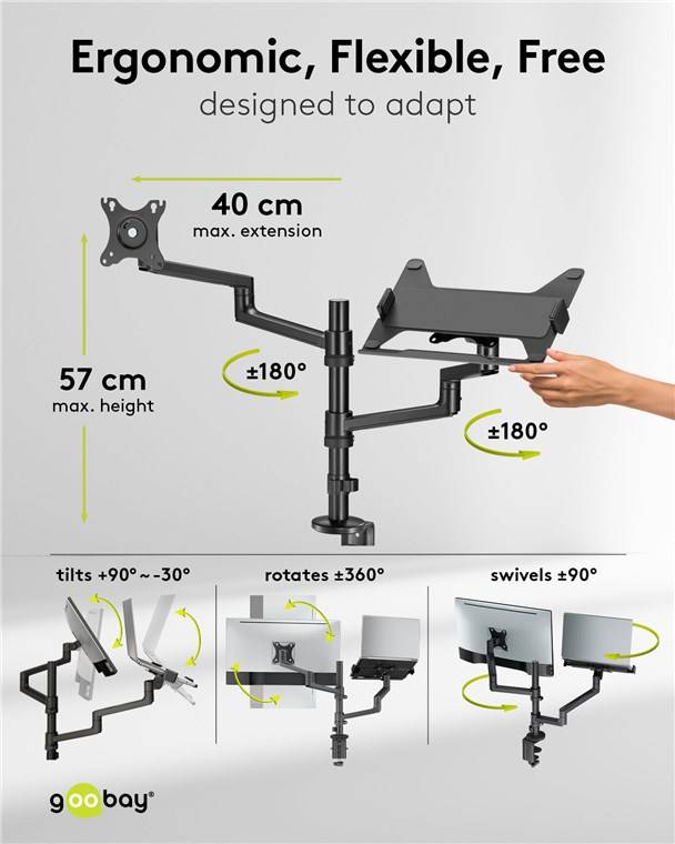 3x Goobay 74417 Basic Deluxe Monitorhalterung mit Laptop-Arm, schwarz - Workstation für Monitore von 17 bis 32 Zoll (43 - 81 cm), Monitor max.