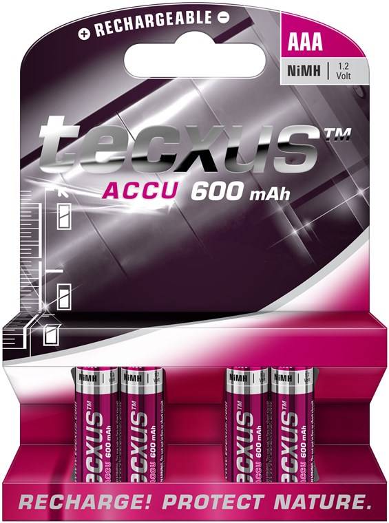 Tecxus 14112 Rechargeable AAA (Micro)/HR03 Akku - 600 mAh, 4 Stk. im Blister, pink-Silber - Nickel-Metallhydrid Akku (NiMH), 1,2 V