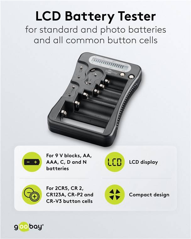 Goobay 72511 LCD-Batterietester, schwarz - für Standard- und Fotobatterien sowie alle gängigen Knopfzellen