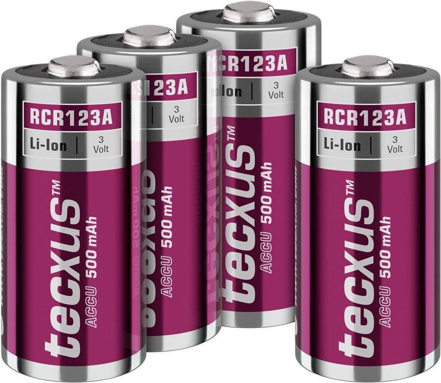 Tecxus 70763 Rechargeable RCR123 Akku - 500 mAh, 4 Stk. im Karton, pink-Silber - Lithium-Ionen-Akku (Li-Ion), 3,2 V