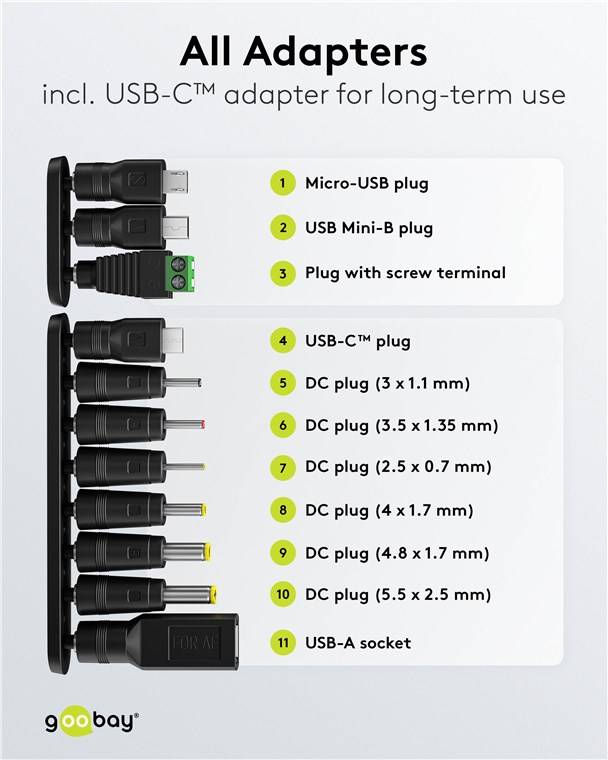 Goobay 64568 Universal-Netzteil (3 V - 12 V, max. 12 W / 1,0 A), Schwarz, 1.8 m - inkl. 11 Adapter: 7 DC-Adapter plus USB-C™, USB-A, USB Mini-B, Mic