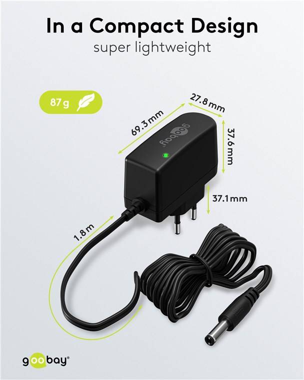 Goobay 64973 12-V-Netzteil (7,2 W / 0,6 A), schwarz, 1.8 m - mit DC-Stecker 5,5 mm x 2,1 mm