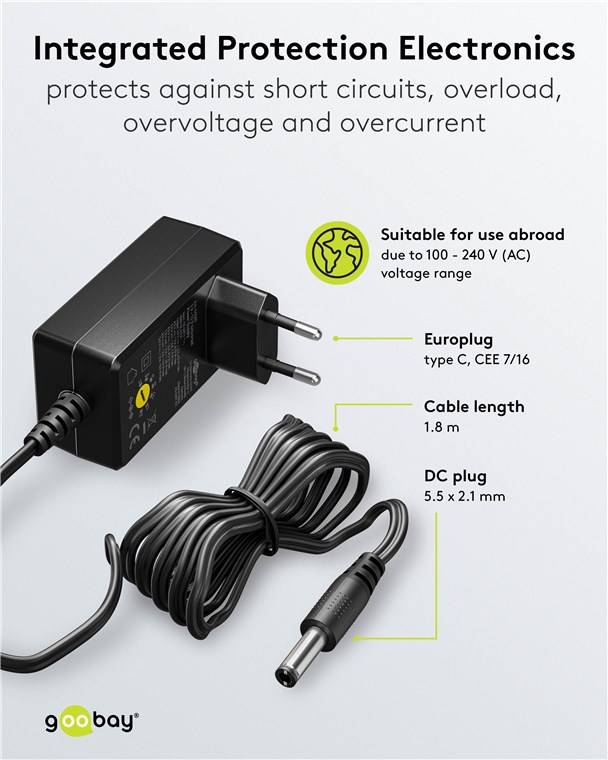 Goobay 64569 Universal-Netzteil (3 V - 12 V, max. 18 W / 1,5 A), Schwarz, 1.8 m - inkl. 11 Adapter: 7 DC-Adapter plus USB-C™, USB-A, USB Mini-B, Mic
