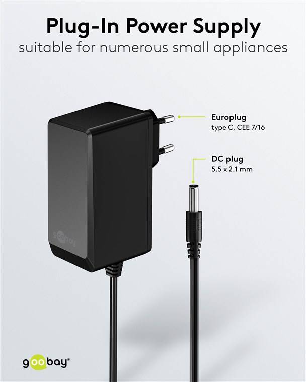 Goobay 64979 12-V-Netzteil (27 W / 2,25 A), schwarz, 1.8 m - mit DC-Stecker 5,5 mm x 2,1 mm