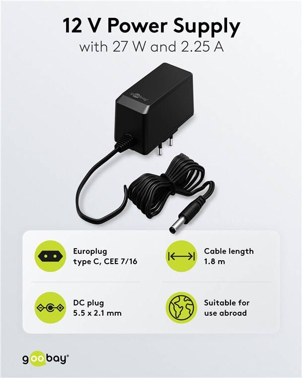 Goobay 64979 12-V-Netzteil (27 W / 2,25 A), schwarz, 1.8 m - mit DC-Stecker 5,5 mm x 2,1 mm