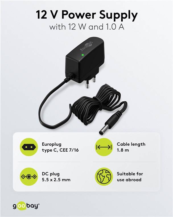 Goobay 64978 12-V-Netzteil (12 W / 1,0 A), schwarz, 1.8 m - mit DC-Stecker 5,5 mm x 2,5 mm
